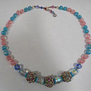 AB Crystals Pink Blue Petals Rhinestone Necklace